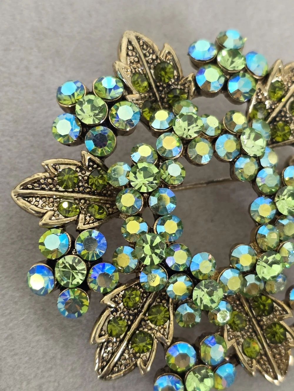 Vintage Gold Tone Lime Green AB Crystal Wreath Brooch Pin Floral Leaf Statement